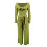 Plus Size PINK Letter Print Knit Tie Up Loose Two Piece Pants Set YIM-361