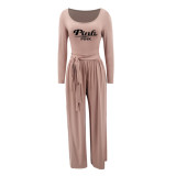 Plus Size PINK Letter Print Knit Tie Up Loose Two Piece Pants Set YIM-361
