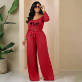 Plus Size PINK Letter Print Knit Tie Up Loose Two Piece Pants Set YIM-361