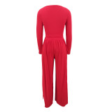 Plus Size PINK Letter Print Knit Tie Up Loose Two Piece Pants Set YIM-361