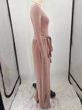 Plus Size PINK Letter Print Knit Tie Up Loose Two Piece Pants Set YIM-361