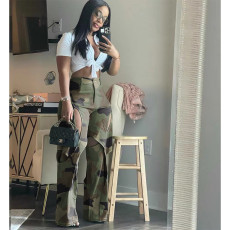 Camouflage Print Holes Straight Pants OD-8600