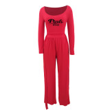Plus Size PINK Letter Print Knit Tie Up Loose Two Piece Pants Set YIM-361