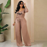 Plus Size PINK Letter Print Knit Tie Up Loose Two Piece Pants Set YIM-361