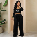 Plus Size PINK Letter Print Knit Tie Up Loose Two Piece Pants Set YIM-361