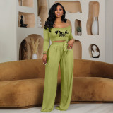 Plus Size PINK Letter Print Knit Tie Up Loose Two Piece Pants Set YIM-361