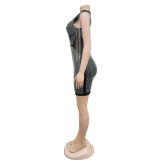 Solid Mesh Hot Drill Sleeveless Tassel Mini Dress BY-C6628