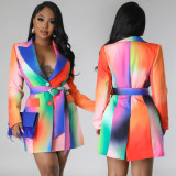 Long Sleeve Print Suit Mini Dress(With Waist Belt) BY-C6612