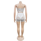 Solid Sexy Lace Sleeveless Shorts Two Piece Set BY-6658