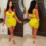 Solid Sexy Lace Sleeveless Shorts Two Piece Set BY-6658