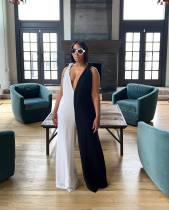Black White Color Block Sleeveless Jumpsuit ZDF-31295