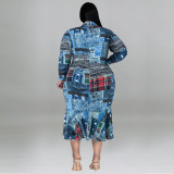 Plus Size Print Lapel Neck Midi Dress GDAM-218300