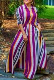 Plus Size Stripe Print Long Sleeve Long Cardigan And Pants Two Piece Set GDAM-218295