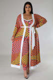 Plus Size Casual Print Long Sleeve Long Cardigan And Jumpsuit Two Piece Set GDAM-218290