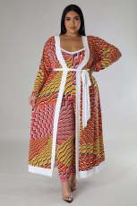 Plus Size Casual Print Long Sleeve Long Cardigan And Jumpsuit Two Piece Set GDAM-218290