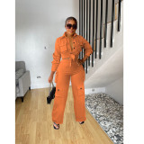 Solid Color Long Sleeve Wide Leg Pants 2 Piece Set FOSF-8370