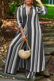 Plus Size Stripe Print Long Sleeve Long Cardigan And Pants Two Piece Set GDAM-218295
