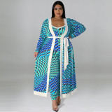 Plus Size Casual Print Long Sleeve Long Cardigan And Jumpsuit Two Piece Set GDAM-218290