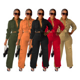 Solid Color Long Sleeve Wide Leg Pants 2 Piece Set FOSF-8370