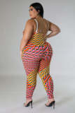 Plus Size Casual Print Long Sleeve Long Cardigan And Jumpsuit Two Piece Set GDAM-218290