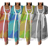 Plus Size Casual Print Long Sleeve Long Cardigan And Jumpsuit Two Piece Set GDAM-218290