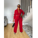 Solid Color Long Sleeve Wide Leg Pants 2 Piece Set FOSF-8370