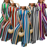 Plus Size Stripe Print Long Sleeve Long Cardigan And Pants Two Piece Set GDAM-218295