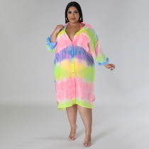 Plus Size Chiffon Printed Lantern Sleeve Sunscreen Shirt NNWF-7890