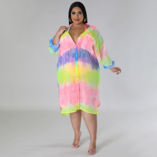 Plus Size Chiffon Printed Lantern Sleeve Sunscreen Shirt NNWF-7890