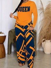 QUEEN Letter Print Long Sleeve Two Piece Pants Set SH-390729