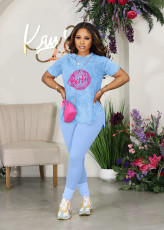 Plus Size Casual Print Short Sleeve Sport Two Piece Pants Set WAF-589337