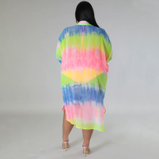 Plus Size Chiffon Printed Lantern Sleeve Sunscreen Shirt NNWF-7890