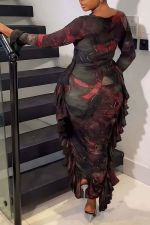 Plus Size Fashion Irregular Long Sleeve Hollow Maxi Dress NY-2831