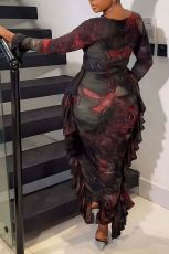 Plus Size Fashion Irregular Long Sleeve Hollow Maxi Dress NY-2831