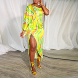 Plus Size Printed Irregular Slant Shoulder Split Maxi Dress NY-10598