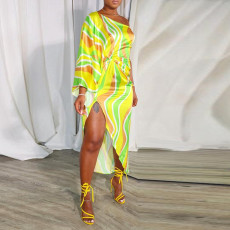 Plus Size Printed Irregular Slant Shoulder Split Maxi Dress NY-10598