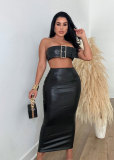 Plus Size Sexy Leather Metal Button Zipper Skirt Two Piece Set NY-2832