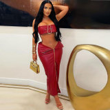 Plus Size Sexy Leather Metal Button Zipper Skirt Two Piece Set NY-2832