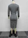 Plus Size Houdstooth Print Long Sleeve Bodycon Dress NY-10599