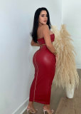 Plus Size Sexy Leather Metal Button Zipper Skirt Two Piece Set NY-2832