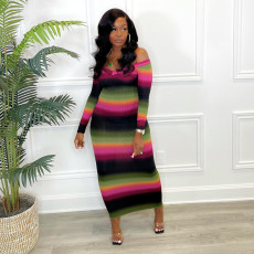 Plus Size Casual  Stripe Printed Long Sleeve Maxi Dress OM-1679