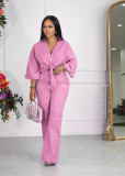 Solid Color Lapel Long Sleeve Shirt Two Piece Pants Set BLX-63007