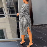 Plus Size Houdstooth Print Long Sleeve Bodycon Dress NY-10599