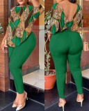 Plus Size Casual Backless Printed Pants Two Piece Set GSRX-9074