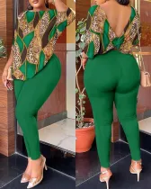 Plus Size Casual Backless Printed Pants Two Piece Set GSRX-9074