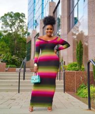 Plus Size Casual  Stripe Printed Long Sleeve Maxi Dress OM-1679