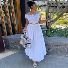 Plus Size Drawstring One-Shoulder Stretchy Long Skirt Two-Piece Set NY-10602