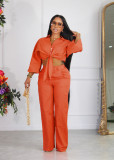 Solid Color Lapel Long Sleeve Shirt Two Piece Pants Set BLX-63007