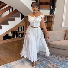 Plus Size Drawstring One-Shoulder Stretchy Long Skirt Two-Piece Set NY-10602