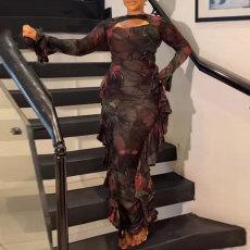 Plus Size Fashion Irregular Long Sleeve Hollow Maxi Dress NY-2831